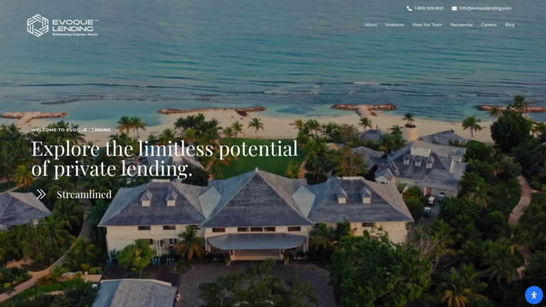 Evoque Lending home page: serif headline reading Explore the limitless potential of private lending, over an aerial coastline photo