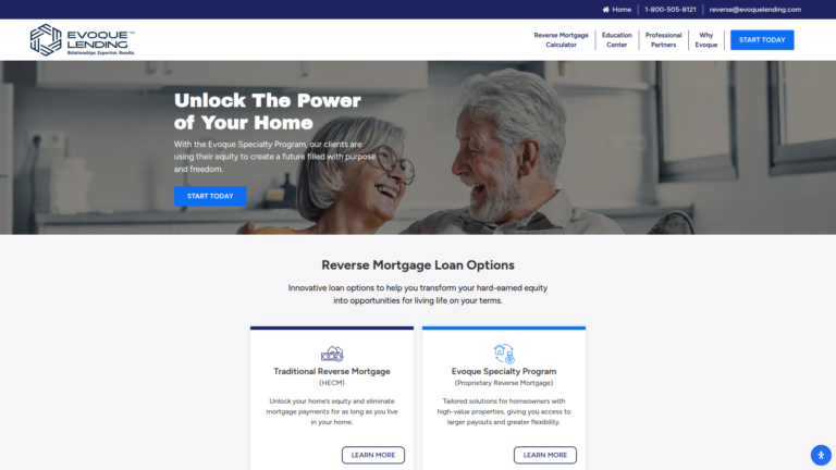 Evoque Reverse home page: headline reading Unlock The Power of Your Home, over a photo of a senior couple at home
