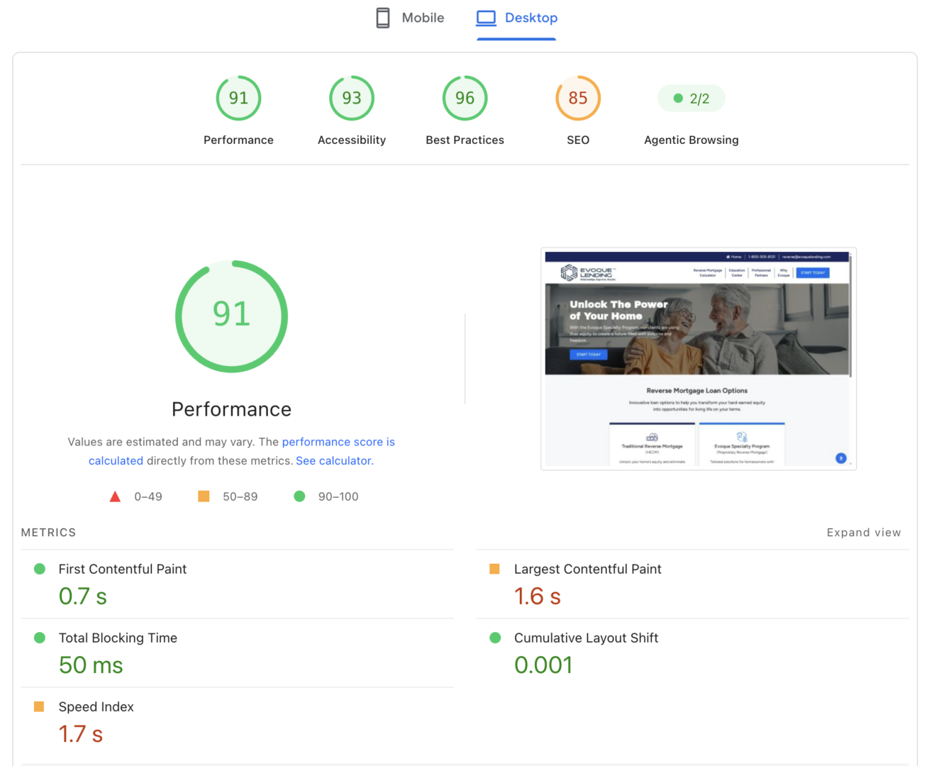 PageSpeed Insights report for Evoque Reverse on desktop: Performance 91, Accessibility 93, Best Practices 96, SEO 85, First Contentful Paint 0.7 s, Largest Contentful Paint 1.6 s, Total Blocking Time 50 ms, Cumulative Layout Shift 0.001