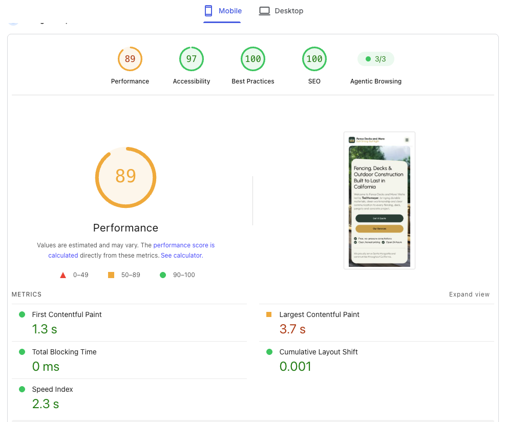 PageSpeed Insights report for the same site on mobile: Performance 89, Accessibility 97, Best Practices 100, SEO 100, First Contentful Paint 1.3 s, Largest Contentful Paint 3.7 s, Total Blocking Time 0 ms, Cumulative Layout Shift 0.001