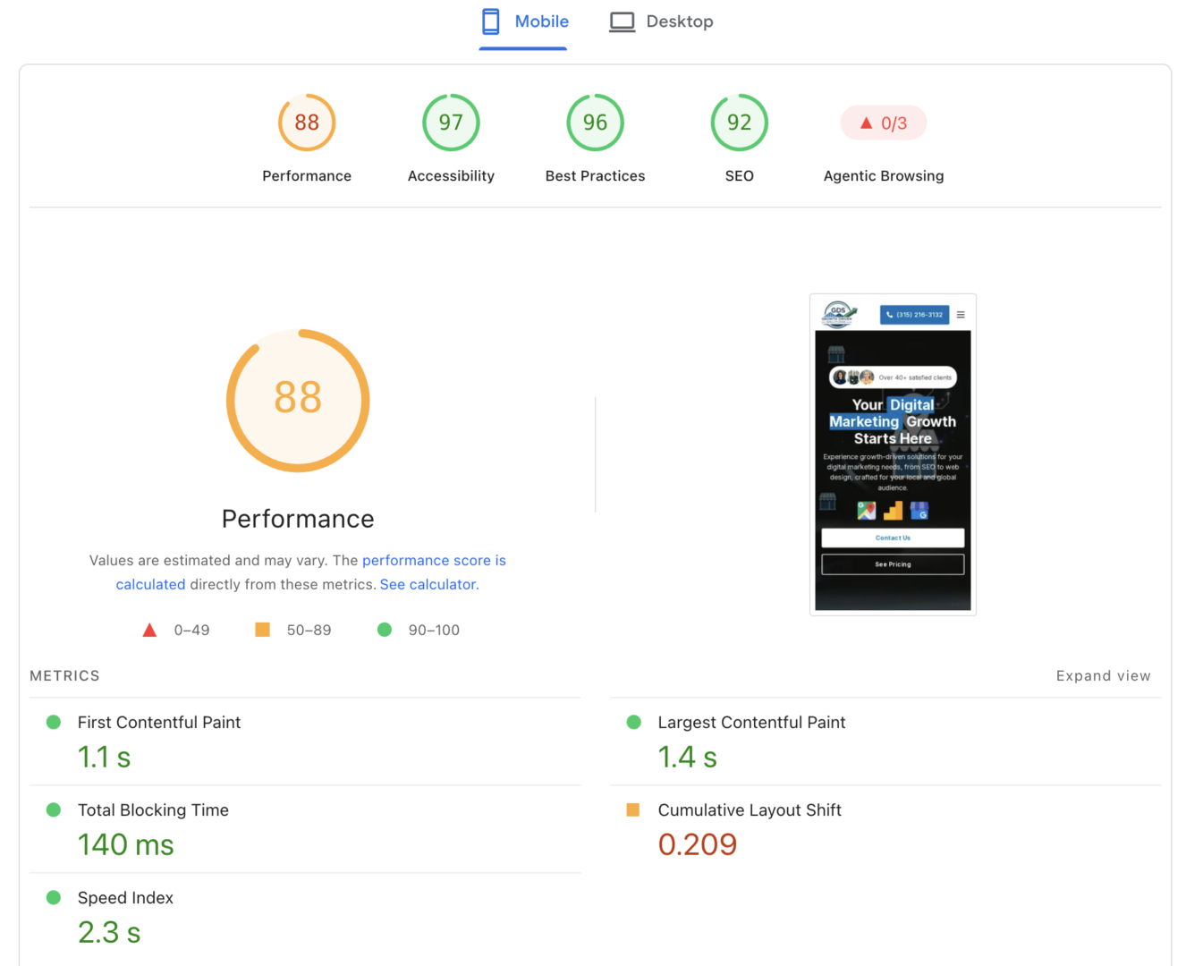 PageSpeed Insights report for the same site on mobile: Performance 88, Accessibility 97, Best Practices 96, SEO 92, First Contentful Paint 1.1 s, Largest Contentful Paint 1.4 s, Total Blocking Time 140 ms, Cumulative Layout Shift 0.209