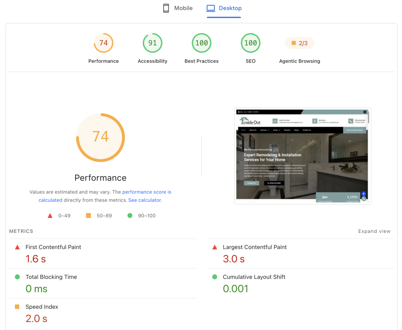 PageSpeed Insights report for Inside Out Home Remodeling on desktop: Performance 74, Accessibility 91, Best Practices 100, SEO 100, First Contentful Paint 1.6 s, Largest Contentful Paint 3.0 s, Total Blocking Time 0 ms, Cumulative Layout Shift 0.001