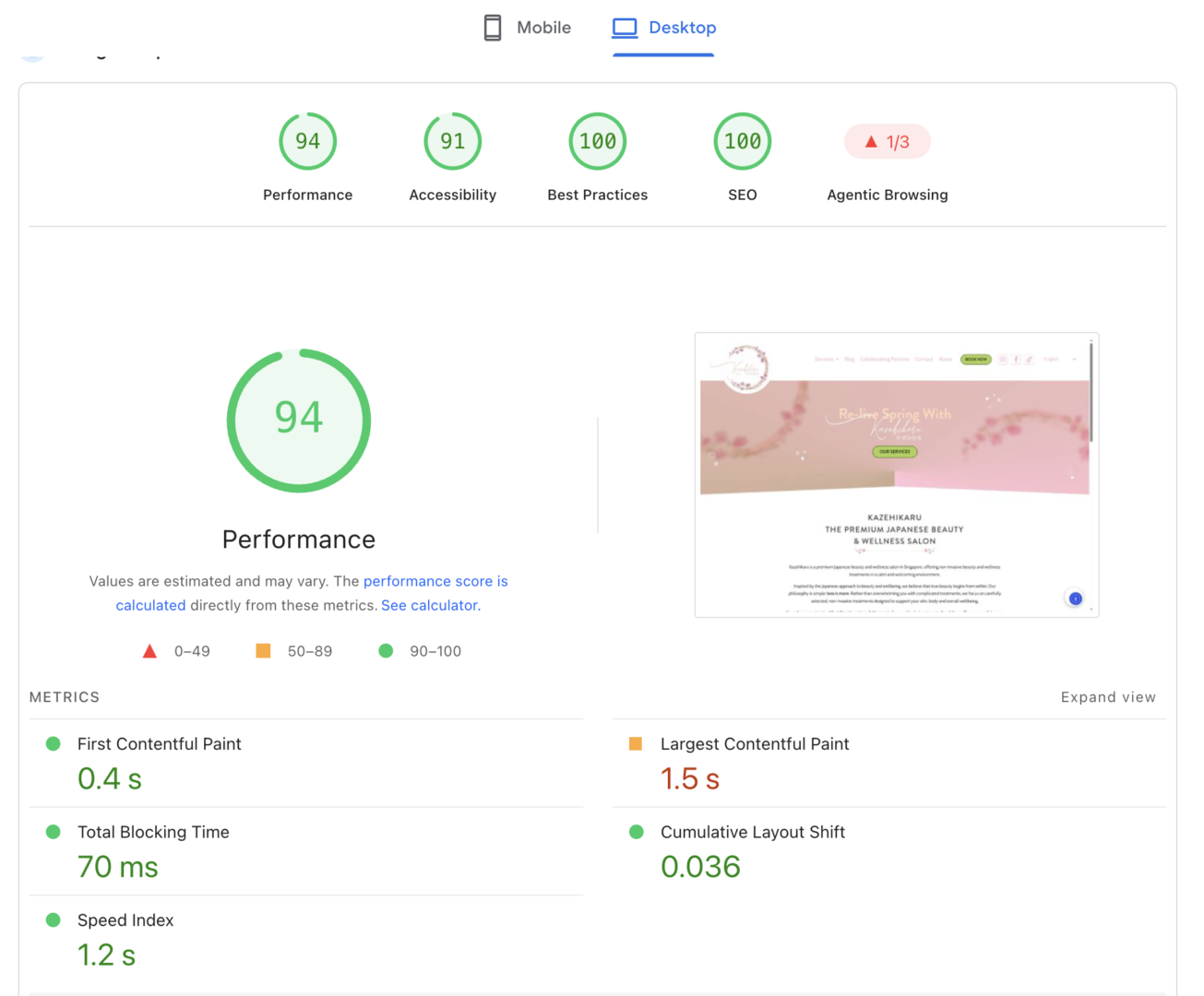 PageSpeed Insights report for Kazehikaru on desktop: Performance 94, Accessibility 91, Best Practices 100, SEO 100, First Contentful Paint 0.4 s, Largest Contentful Paint 1.5 s, Total Blocking Time 70 ms, Cumulative Layout Shift 0.036
