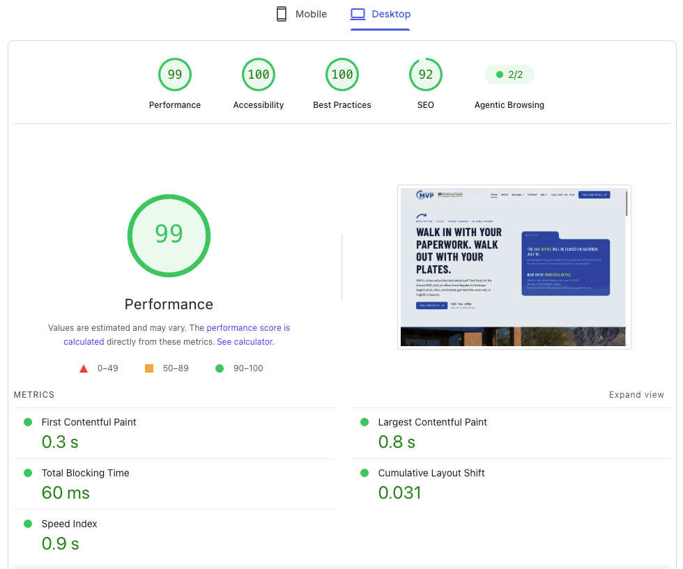 PageSpeed Insights report for MVP Motor Vehicle Processing on desktop: Performance 99, Accessibility 100, Best Practices 100, SEO 92, Largest Contentful Paint 0.8 s, Cumulative Layout Shift 0.031