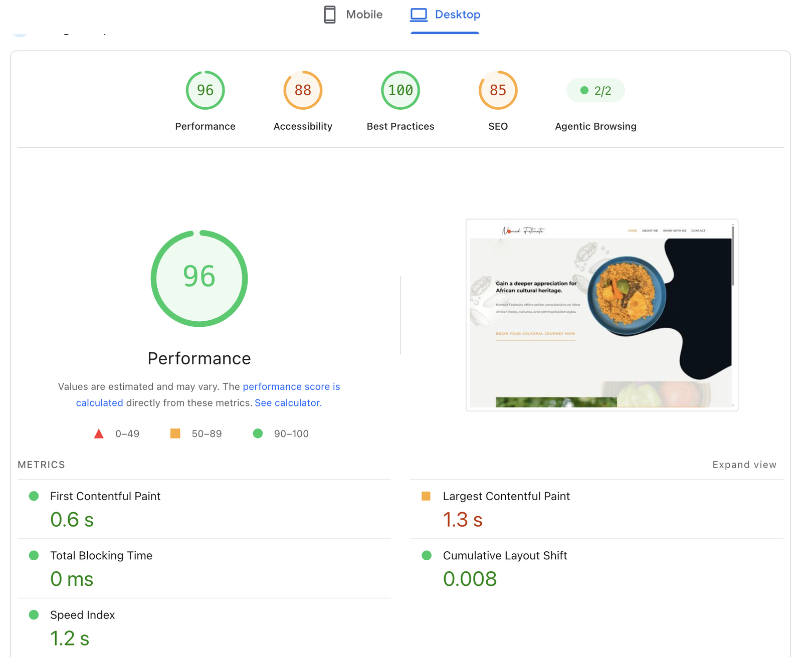 PageSpeed Insights report for Nomad Fatimata on desktop: Performance 96, Accessibility 88, Best Practices 100, SEO 85, First Contentful Paint 0.6 s, Largest Contentful Paint 1.3 s, Total Blocking Time 0 ms, Cumulative Layout Shift 0.008
