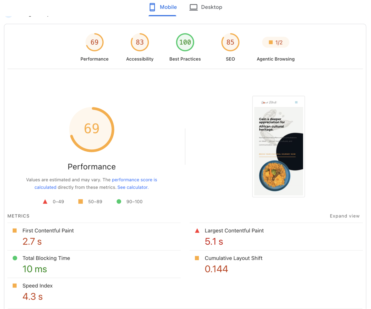 PageSpeed Insights report for the same site on mobile: Performance 69, Accessibility 83, Best Practices 100, SEO 85, First Contentful Paint 2.7 s, Largest Contentful Paint 5.1 s, Total Blocking Time 10 ms, Cumulative Layout Shift 0.144