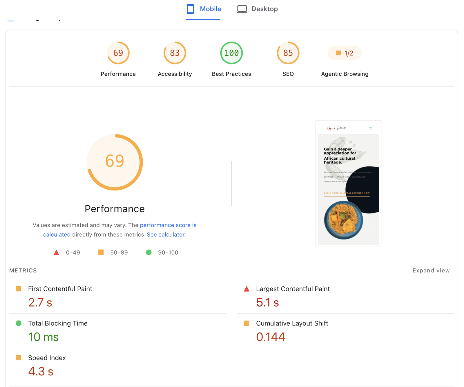 PageSpeed Insights report for the same site on mobile: Performance 69, Accessibility 83, Best Practices 100, SEO 85, First Contentful Paint 2.7 s, Largest Contentful Paint 5.1 s, Total Blocking Time 10 ms, Cumulative Layout Shift 0.144