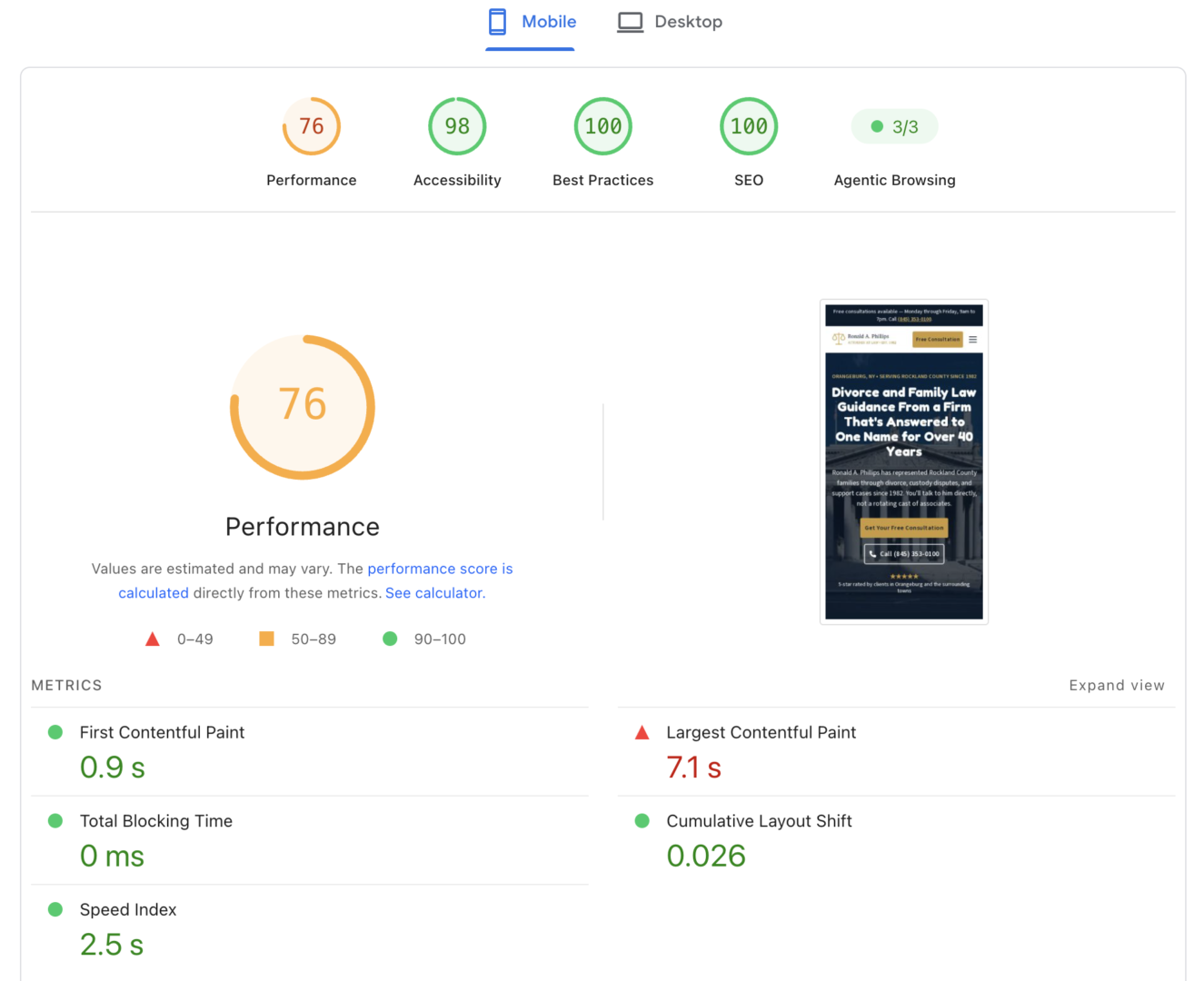 PageSpeed Insights report for the same site on mobile: Performance 76, Accessibility 98, Best Practices 100, SEO 100, Largest Contentful Paint 7.1 s, Cumulative Layout Shift 0.026