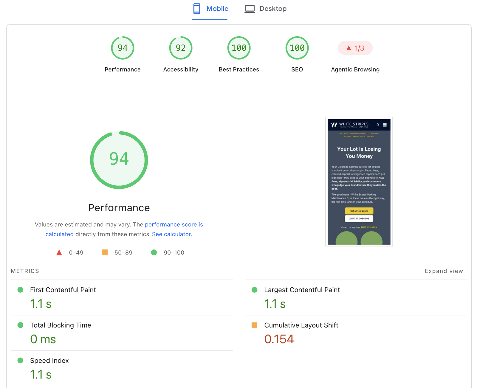 PageSpeed Insights report for the same site on mobile: Performance 94, Accessibility 92, Best Practices 100, SEO 100, First Contentful Paint 1.1 s, Largest Contentful Paint 1.1 s, Total Blocking Time 0 ms, Cumulative Layout Shift 0.154